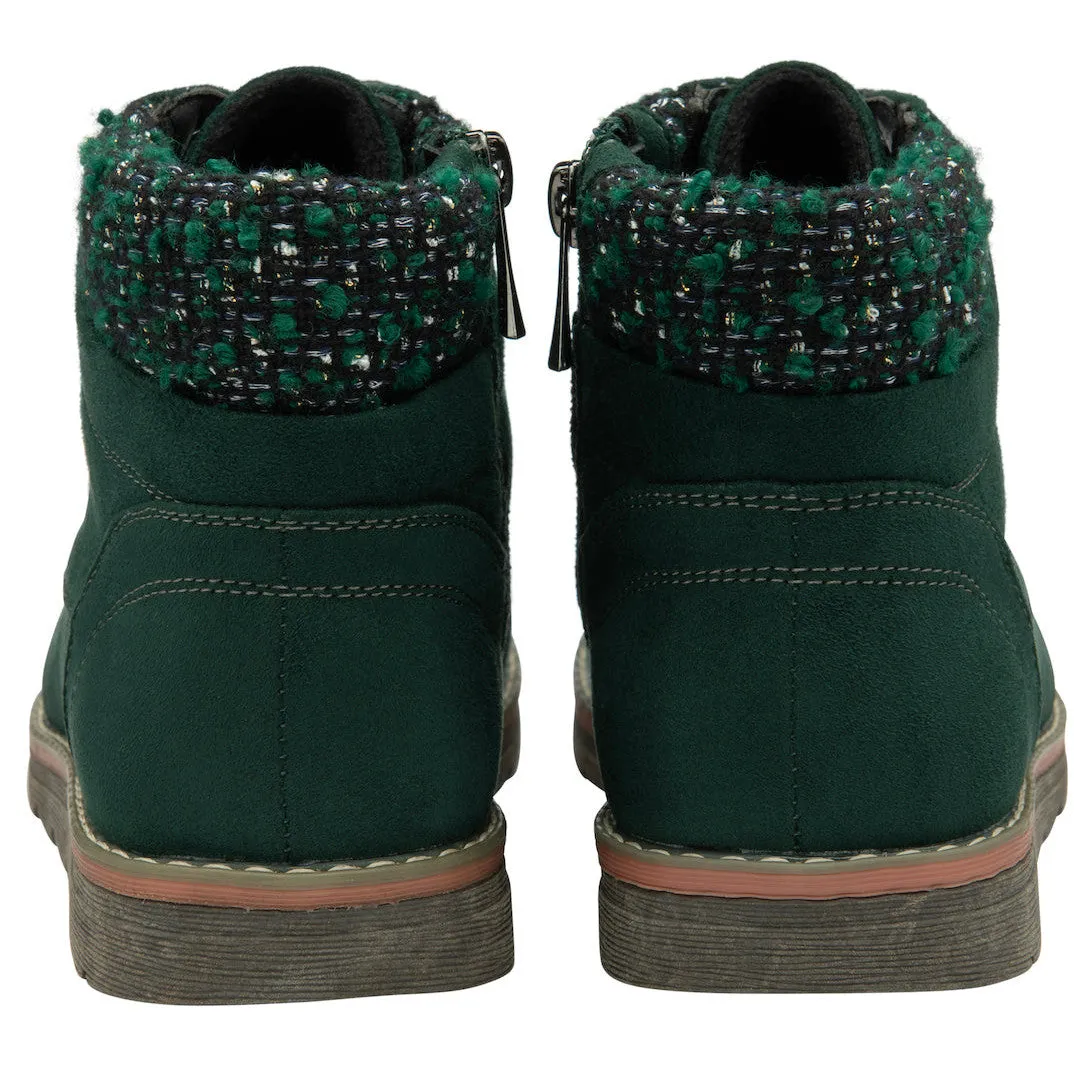 Lotus Drew Ladies Green Textile Zip & Lace Ankle Boots