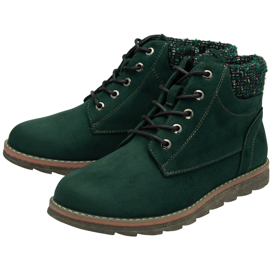 Lotus Drew Ladies Green Textile Zip & Lace Ankle Boots