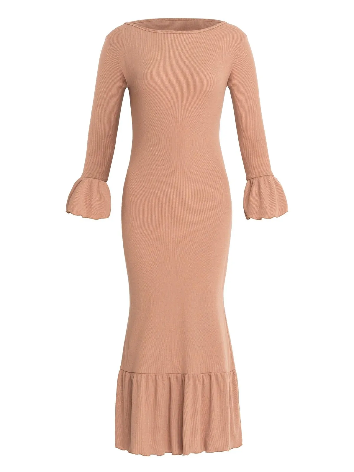 MARJORIE Ruffle Rib Dress, in Camel Brown