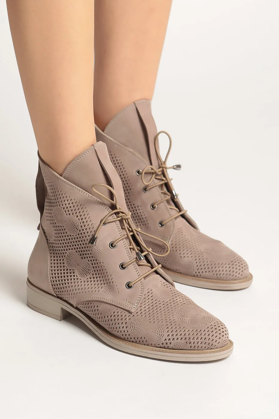 Perforated Leather Ankle Boots - Beige