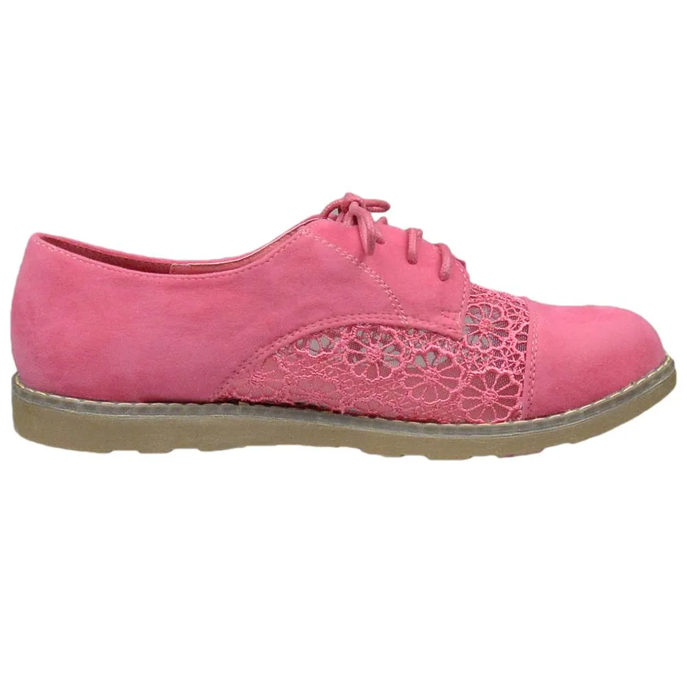 SOBEYO Women's Embroidered Flower Lace Up Oxford Flats Pink