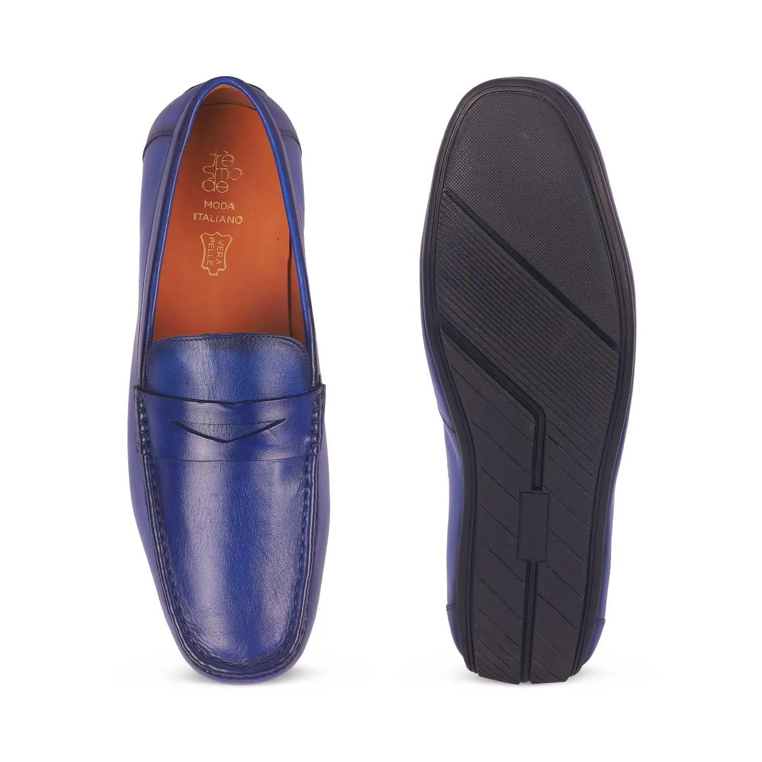 Tresmode Monto Blue Men's Leather Penny Driving Loafers