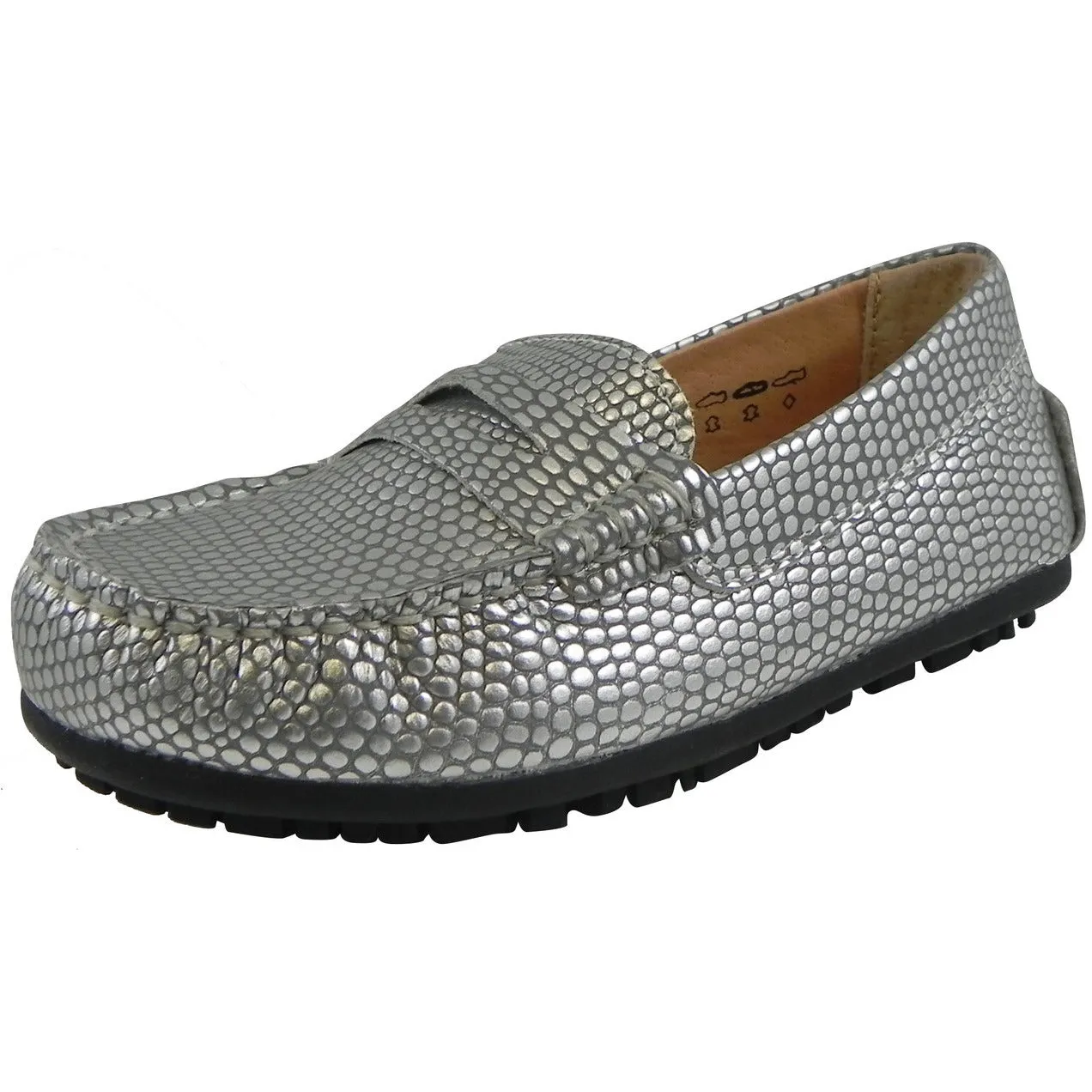 Umi Girl's Mariel Snake Print Slip On Moccasin Loafer Shoe Flats Silver