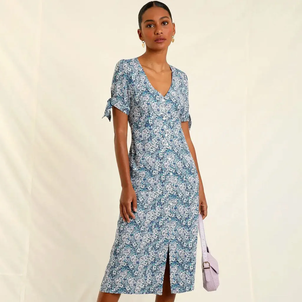 Vintage Floral Print V Neck Button Up Bow Tie Puff Sleeve Midi Dress - Blue