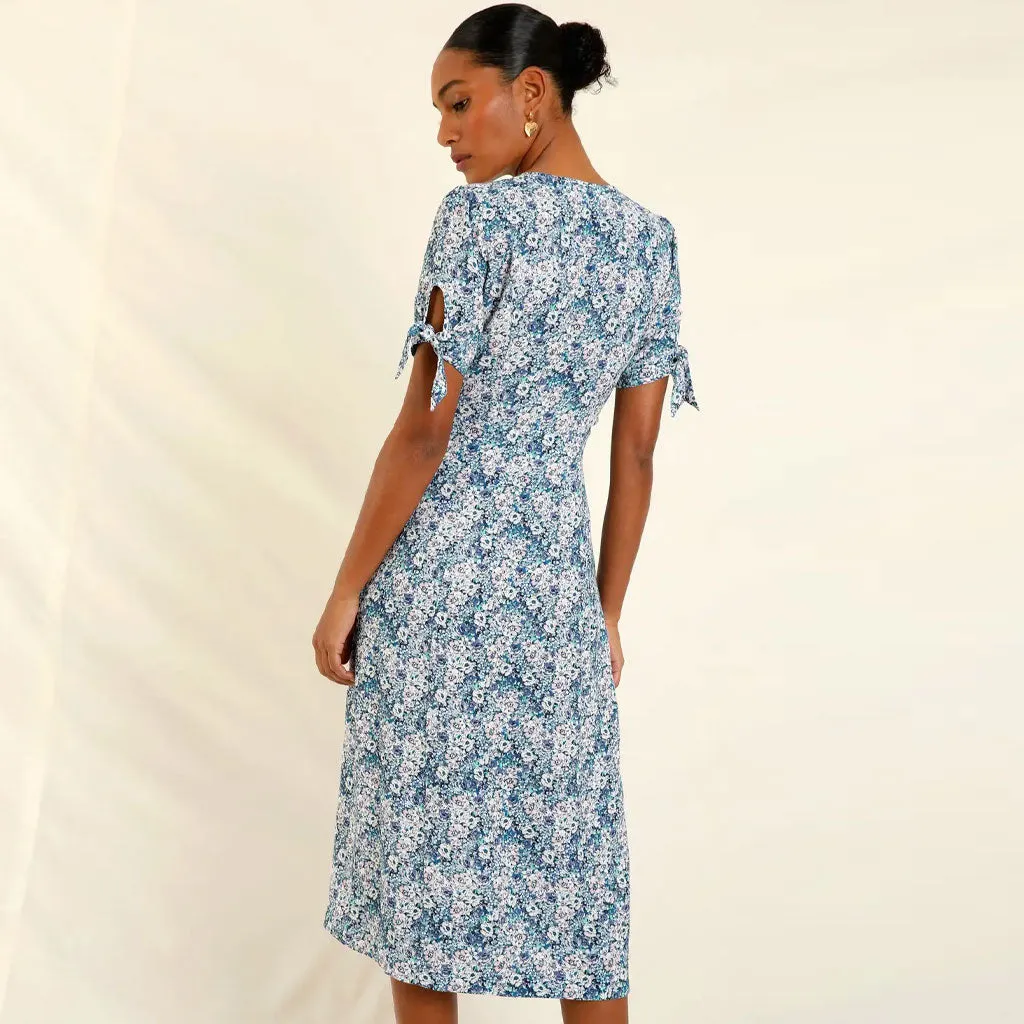 Vintage Floral Print V Neck Button Up Bow Tie Puff Sleeve Midi Dress - Blue