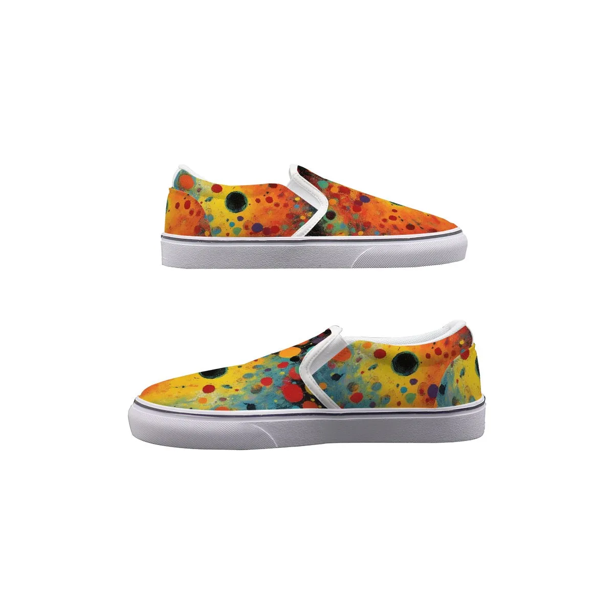 Women's Slip On Sneakers 146 yellow, orange, and teal abstract