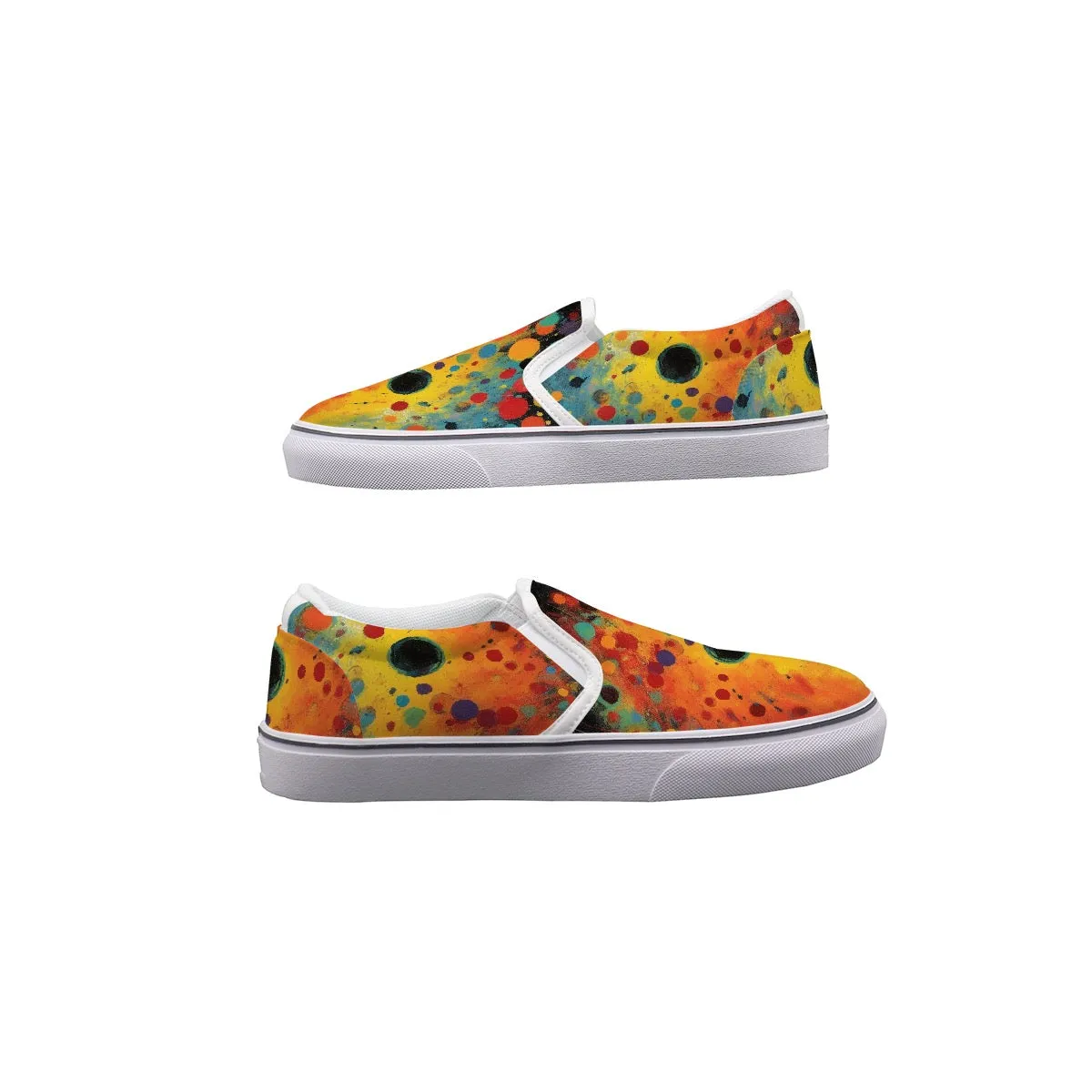 Women's Slip On Sneakers 146 yellow, orange, and teal abstract